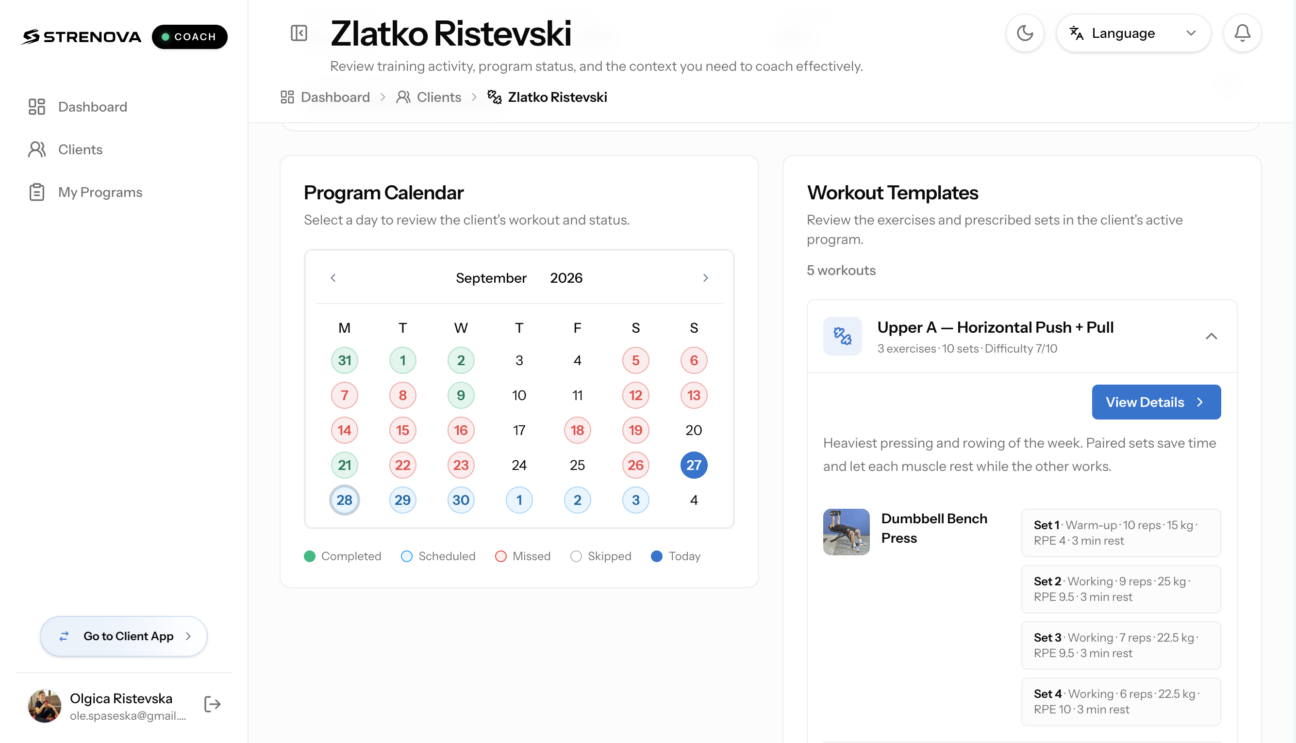Strenova Coach App client program workspace showing the training calendar, workout templates, and prescribed exercise sets